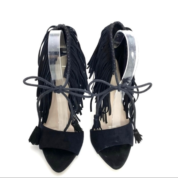 Zara Suede Ankle Fringe Lace tie High Heel Sandals in Black - Picture 5 of 9